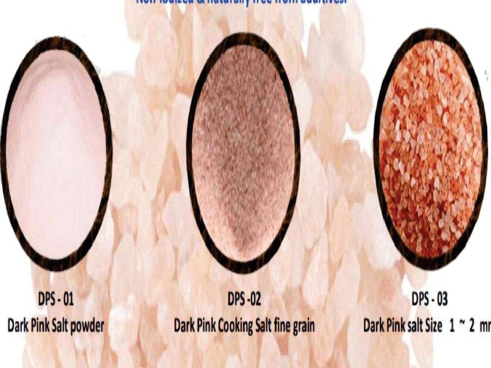 Himalayan edible pink salt in powder, grain and chunk grades